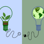 Deux ampoules remplies d'une plante d'un côté et de la Terre de l'autre sur un fond vert et bleu.